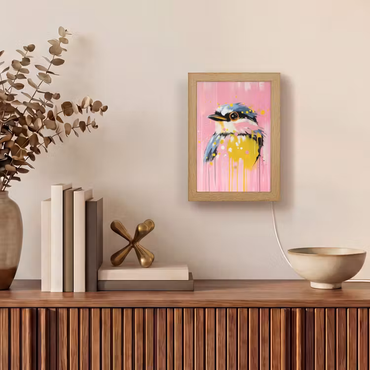Vogel - Roze - Geel - Blauw Light Box met kabel (Tafellamp) klein -sfeer2
