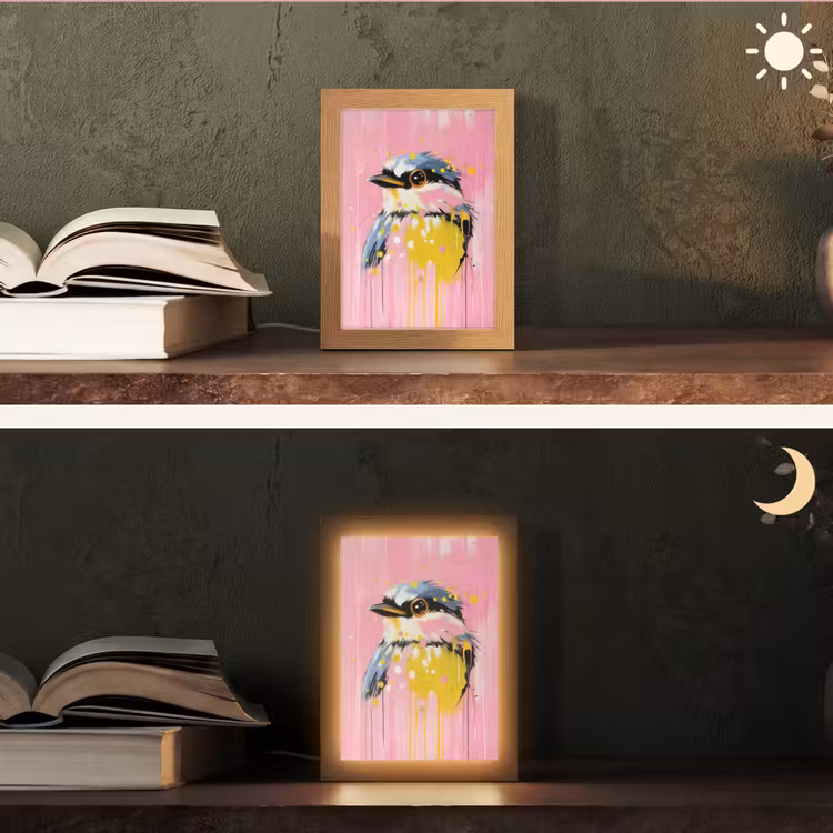 Vogel - Roze - Geel - Blauw Light Box met kabel (Tafellamp) klein -sfeer3