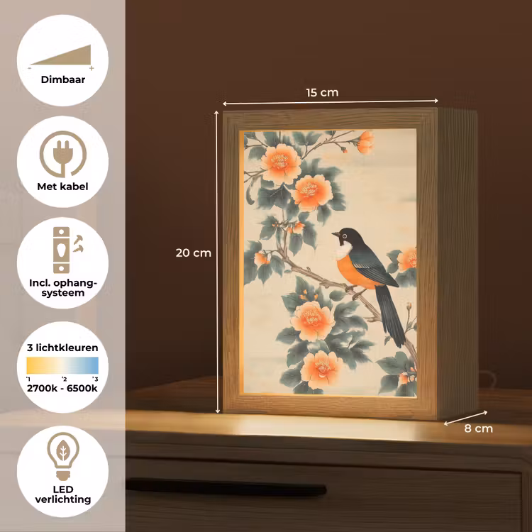 Vogel - Tak - Bloemen - Oranje Light Box met kabel (Tafellamp) klein -USP_NL