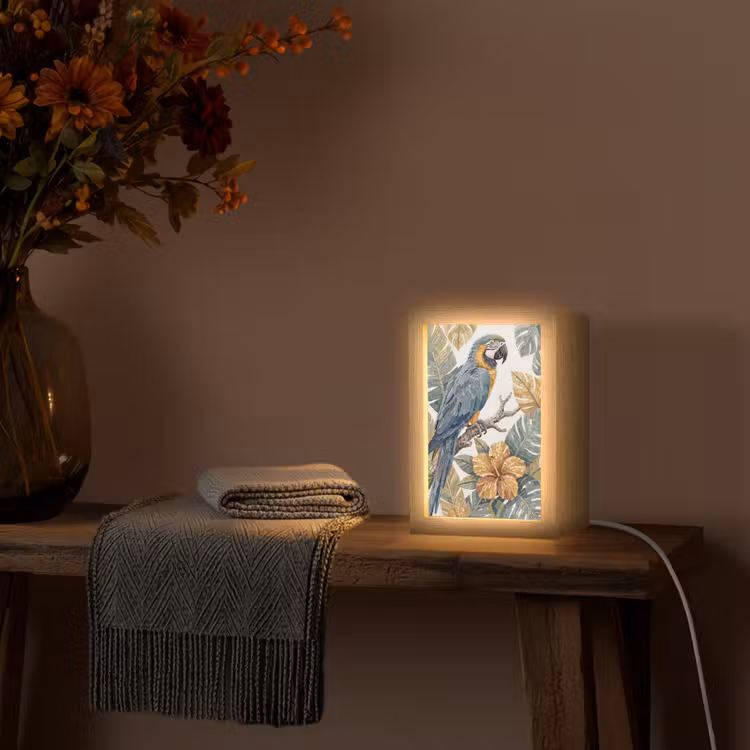 Vogel - Tak - Natuur - Mozaïek - Blauw Light Box met kabel (Tafellamp) klein -sfeer4