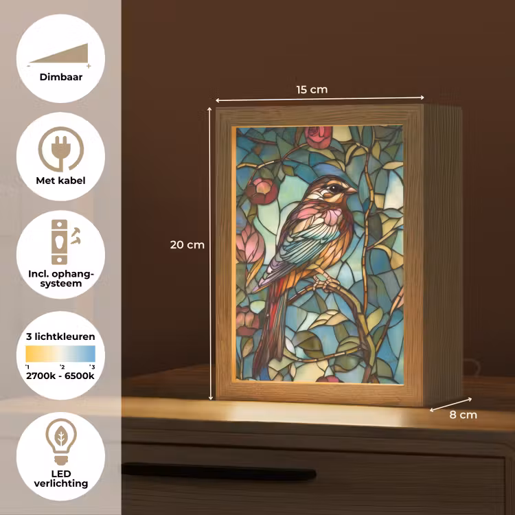 Vogel - Tak - Rozen - Mozaïek Light Box met kabel (Tafellamp) klein -USP_NL