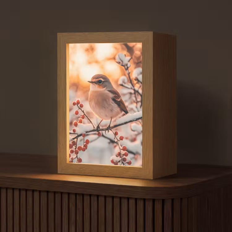 Vogel - Tak - Winter - Dieren - Sneeuw Light Box met kabel (Tafellamp) klein -z3d_website