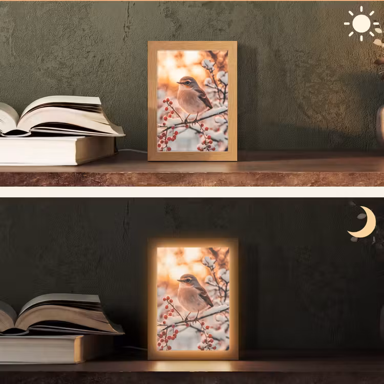 Vogel - Tak - Winter - Dieren - Sneeuw Light Box met kabel (Tafellamp) klein -sfeer3
