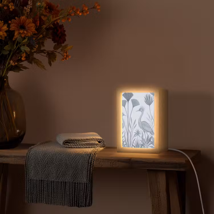Vogel - Tropisch - Illustratie - Blauwgrijs - Natuur Light Box met kabel (Tafellamp) klein -sfeer4
