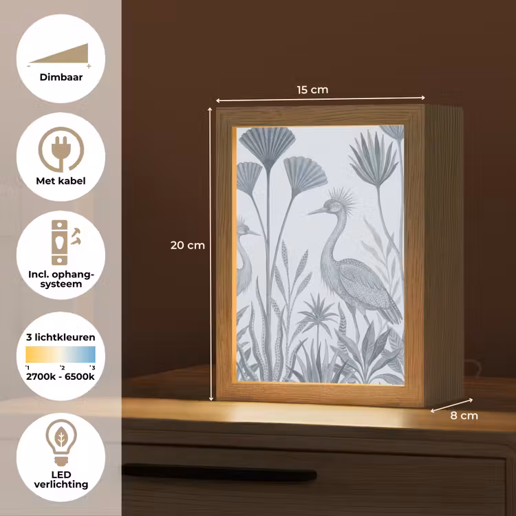 Vogel - Tropisch - Illustratie - Blauwgrijs - Natuur Light Box met kabel (Tafellamp) klein -USP_NL
