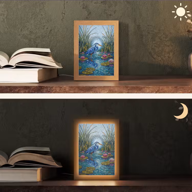 Vogel - Water - Natuur - Abstract - Blauw Light Box met kabel (Tafellamp) klein -sfeer3
