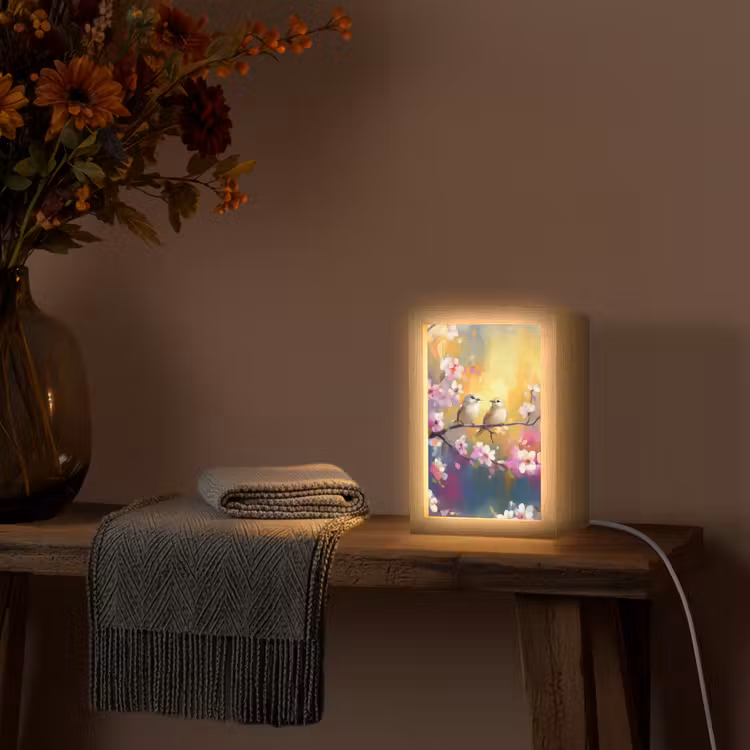 Vogels - Bloemen - Roze Light Box met kabel (Tafellamp) klein -sfeer4