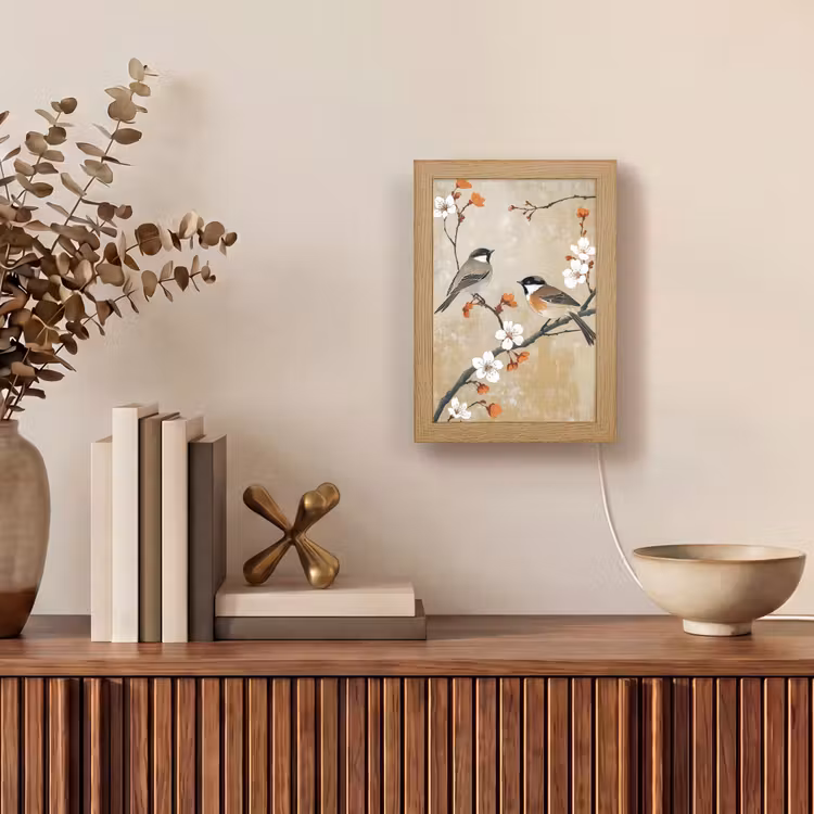 Vogels - Bloesemtak - Bloemen - Oranje Light Box met kabel (Tafellamp) klein -sfeer2