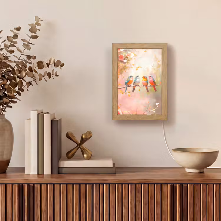 Vogels - Kleurrijk - Tak Light Box met kabel (Tafellamp) klein -sfeer2