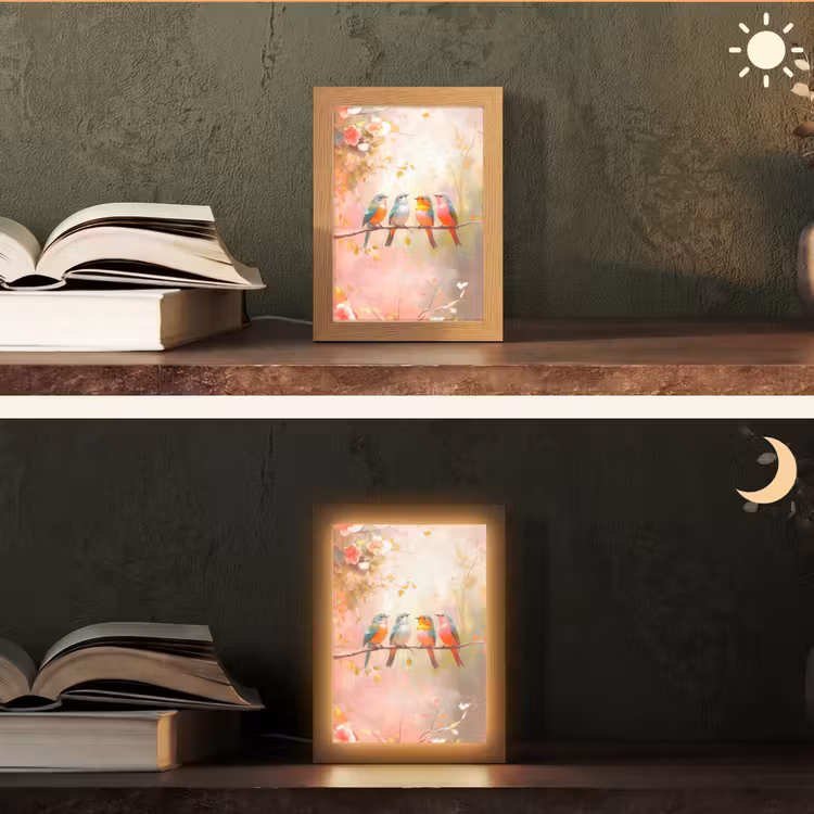 Vogels - Kleurrijk - Tak Light Box met kabel (Tafellamp) klein -sfeer3