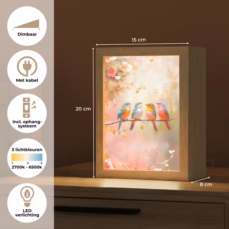 Vogels - Kleurrijk - Tak Light Box met kabel (Tafellamp) klein -USP_NL