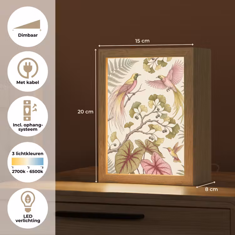Vogels - Tropisch - Botanisch - Roze Light Box met kabel (Tafellamp) klein -USP_NL