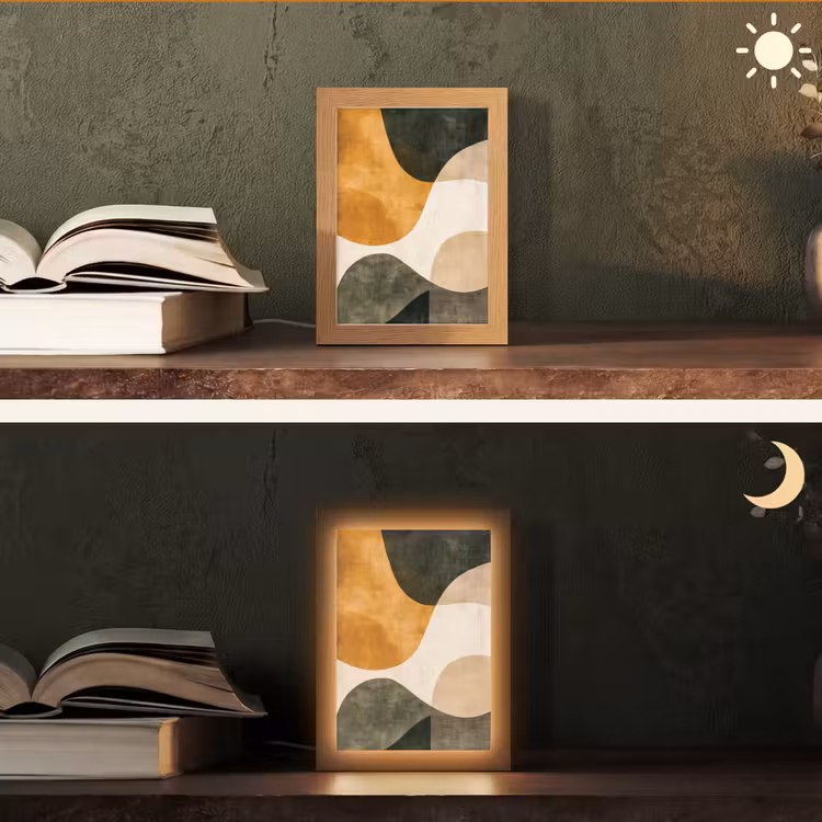 Vormen - Okergeel - Abstract Light Box met kabel (Tafellamp) klein -sfeer3