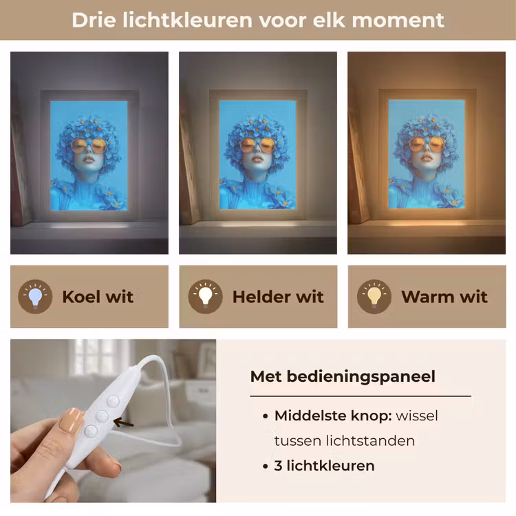 Vrouw - Bloem - Blauw - Modern - Bril - Portret Light Box met kabel (Tafellamp) klein -USP_lichtkleurNL