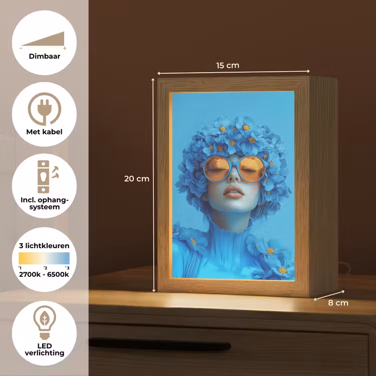 Vrouw - Bloem - Blauw - Modern - Bril - Portret Light Box met kabel (Tafellamp) klein -USP_NL