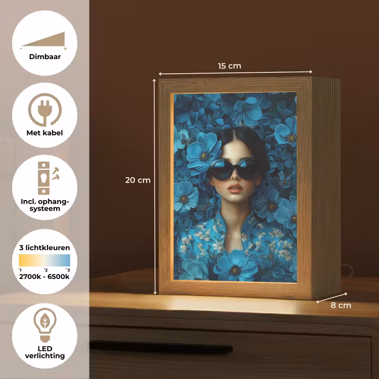 Vrouw - Bloemen - Blauw - Aesthetic - Luxe Light Box met kabel (Tafellamp) klein -USP_NL