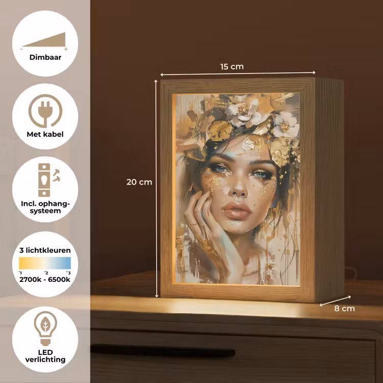 Vrouw - Bloemen  - Goud - Portret Light Box met kabel (Tafellamp) klein -USP_NL