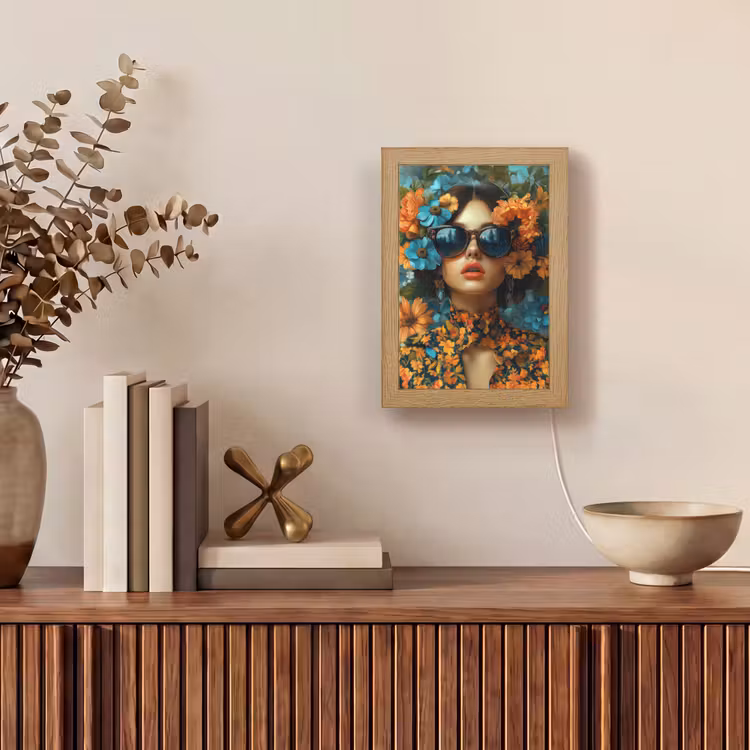 Vrouw - Bloemen - Oranje - Blauw - Modern Light Box met kabel (Tafellamp) klein -sfeer2