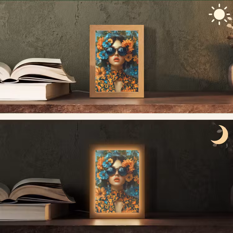 Vrouw - Bloemen - Oranje - Blauw - Modern Light Box met kabel (Tafellamp) klein -sfeer3