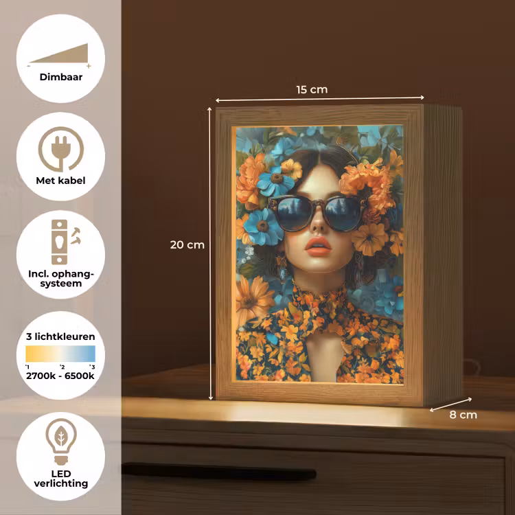Vrouw - Bloemen - Oranje - Blauw - Modern Light Box met kabel (Tafellamp) klein -USP_NL