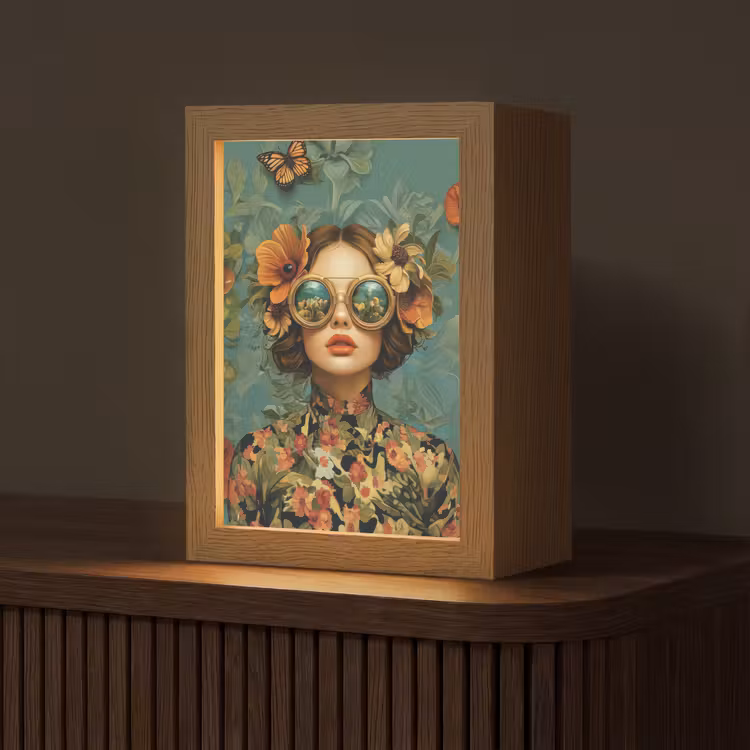 Vrouw - Bloemen - Vlinders - Natuur - Vintage Light Box met kabel (Tafellamp) klein -z3d_website