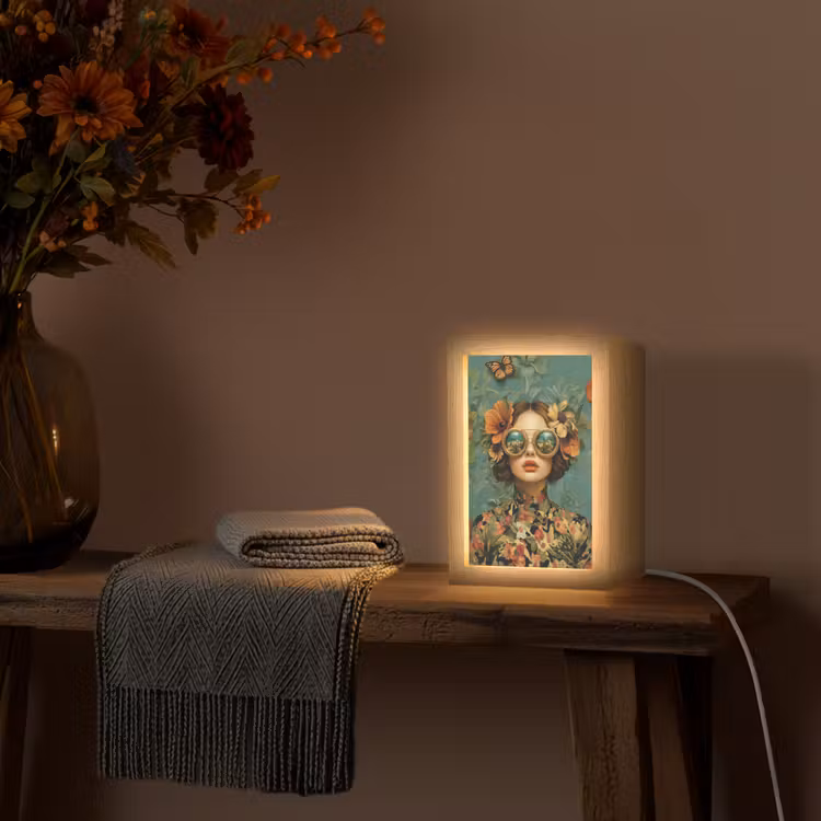Vrouw - Bloemen - Vlinders - Natuur - Vintage Light Box met kabel (Tafellamp) klein -sfeer4