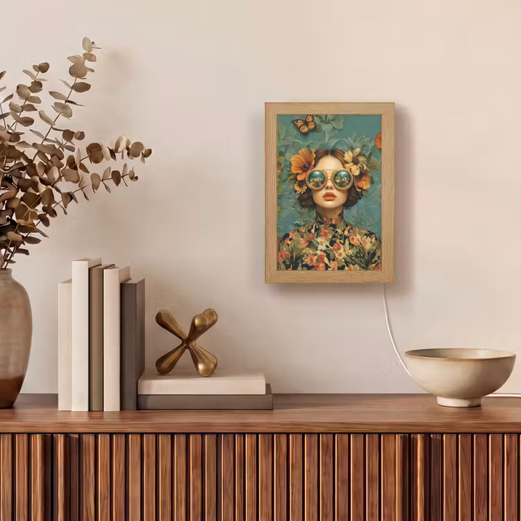 Vrouw - Bloemen - Vlinders - Natuur - Vintage Light Box met kabel (Tafellamp) klein -sfeer2