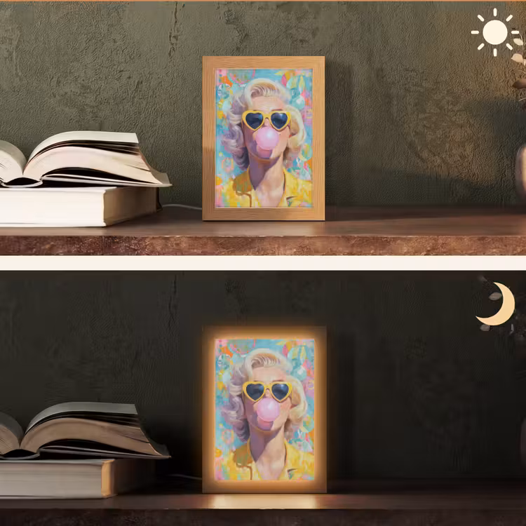 Vrouw - Blond - Roze kauwgom - Kleurrijk - Pastel Light Box met kabel (Tafellamp) klein -sfeer3