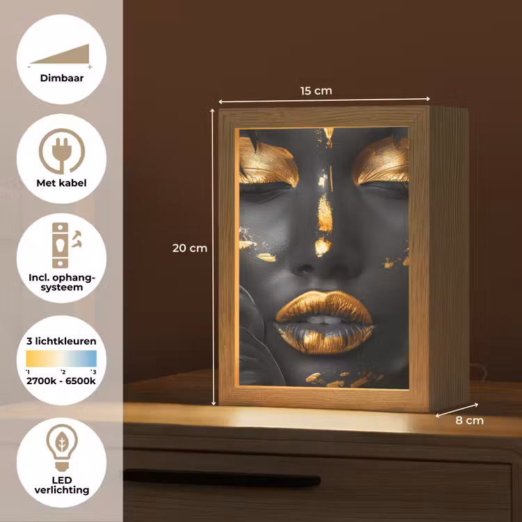 Vrouw - Goud - Natuur - Portret - Modern Light Box met kabel (Tafellamp) klein -USP_NL