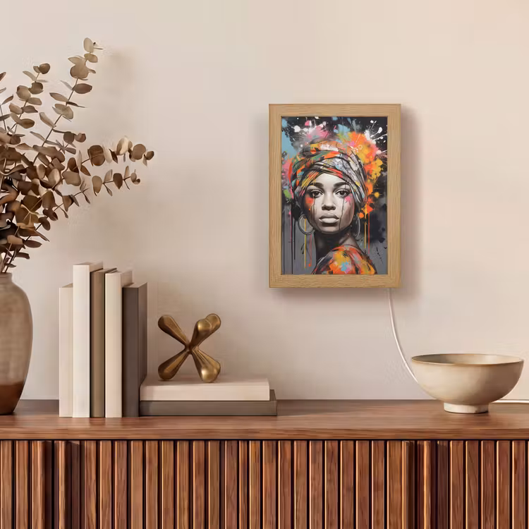 Vrouw - Hoofddoek - Graffiti - Zwart Light Box met kabel (Tafellamp) klein -sfeer2