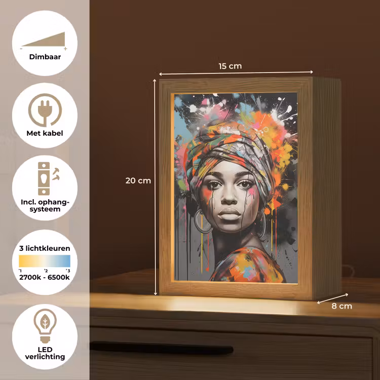 Vrouw - Hoofddoek - Graffiti - Zwart Light Box met kabel (Tafellamp) klein -USP_NL
