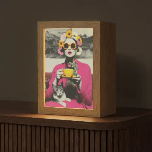 Vrouw - Kat - Bloemen - Kopje - Retro Light Box met kabel (Tafellamp) klein -z3d_website