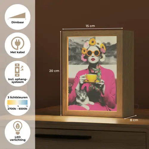Vrouw - Kat - Bloemen - Kopje - Retro Light Box met kabel (Tafellamp) klein -USP_NL