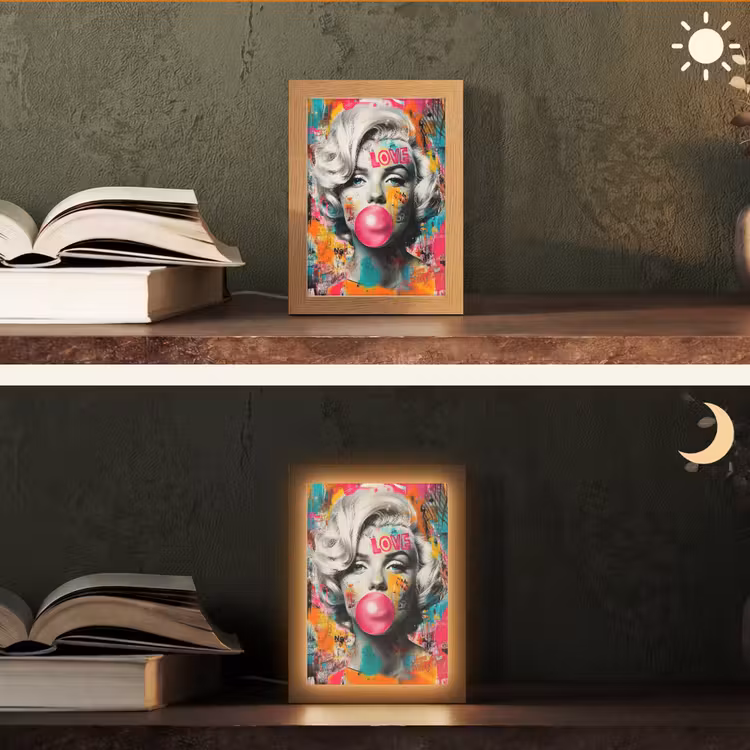 Vrouw - Kauwgom - Graffiti - Neonkleuren Light Box met kabel (Tafellamp) klein -sfeer3