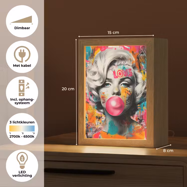 Vrouw - Kauwgom - Graffiti - Neonkleuren Light Box met kabel (Tafellamp) klein -USP_NL