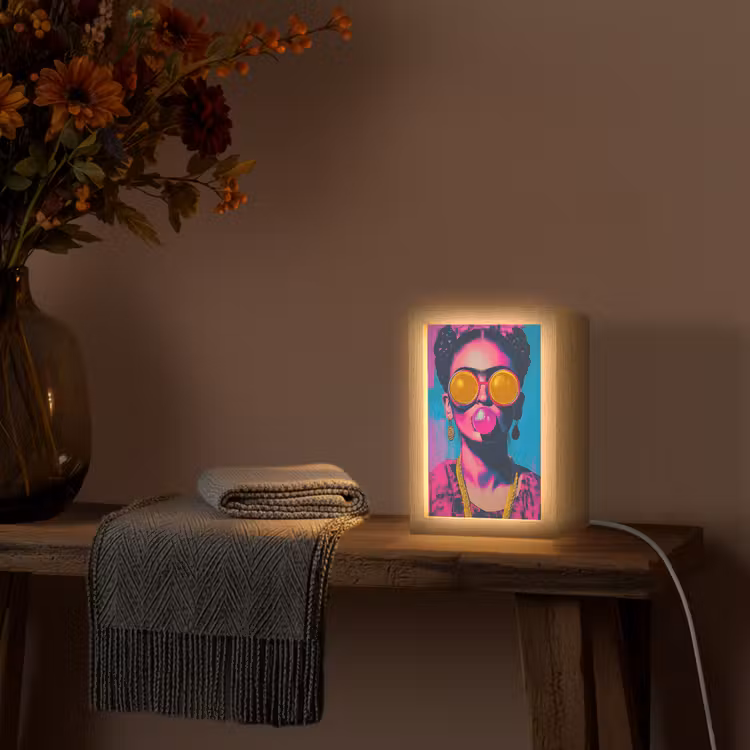 Vrouw - Kauwgom - Zonnebril - Oranje Light Box met kabel (Tafellamp) klein -sfeer4