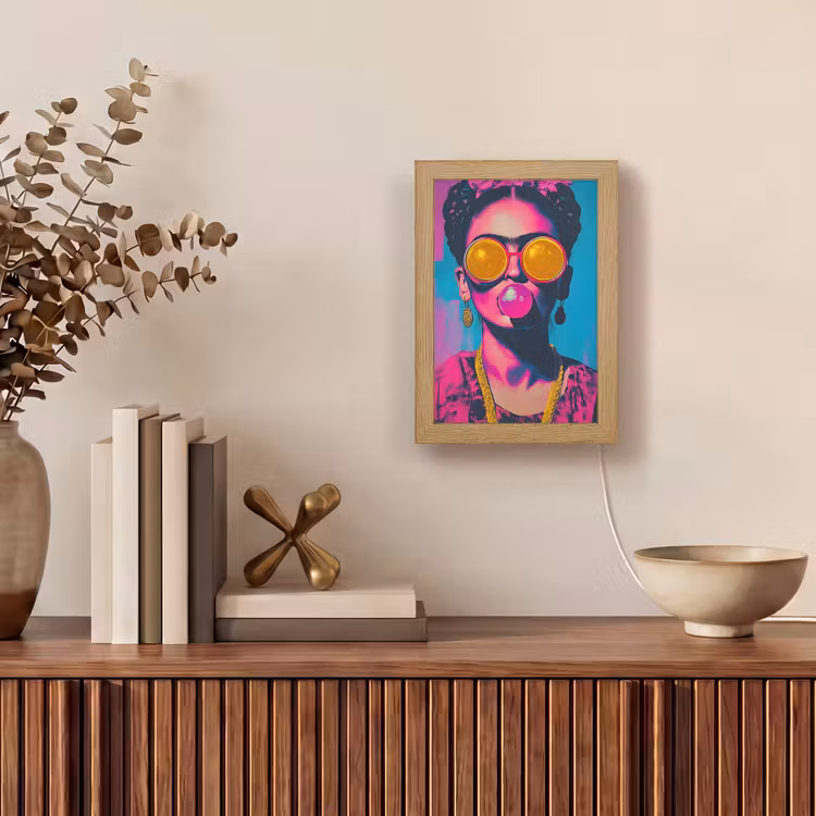 Vrouw - Kauwgom - Zonnebril - Oranje Light Box met kabel (Tafellamp) klein -sfeer2