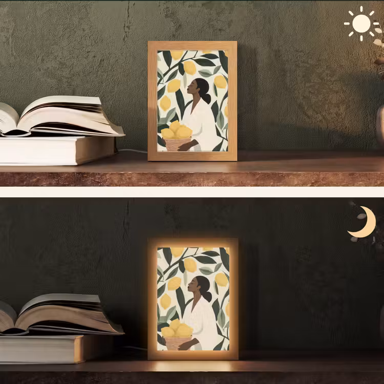 Vrouw - Mand - Citroenen - Bladeren Light Box met kabel (Tafellamp) klein -sfeer3