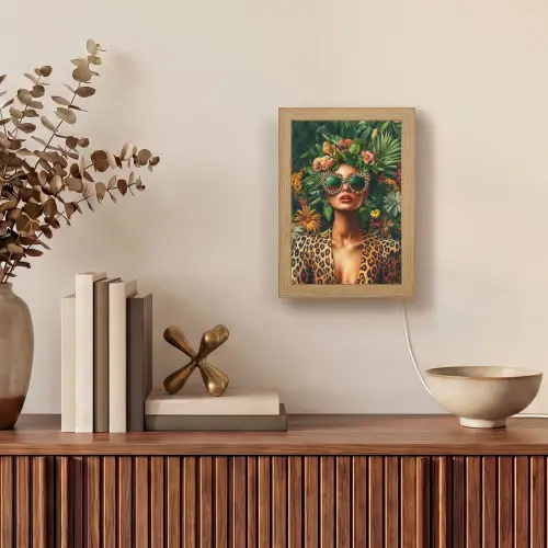 Vrouw - Panterprint - Jungle - Natuur - Luxe Light Box met kabel (Tafellamp) klein -sfeer2