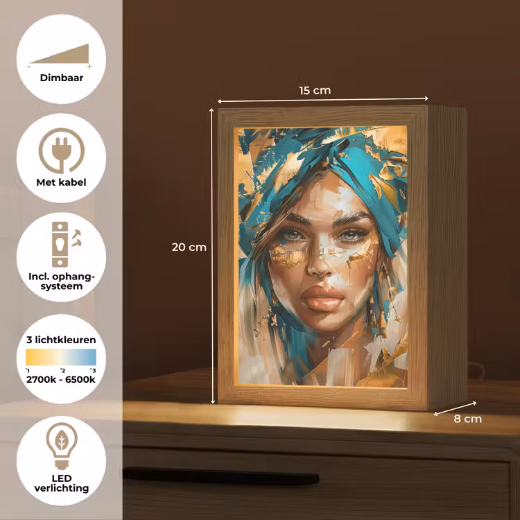 Vrouw - Portret - Goud - Luxe - Blauw Light Box met kabel (Tafellamp) klein -USP_NL