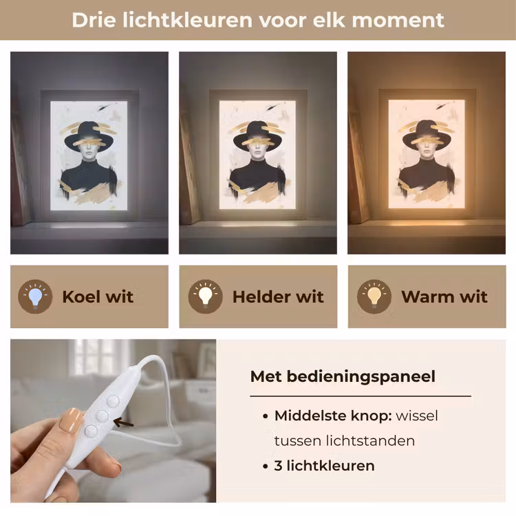 Vrouw - Portret - Modern - Goud - Kunst Light Box met kabel (Tafellamp) klein -USP_lichtkleurNL