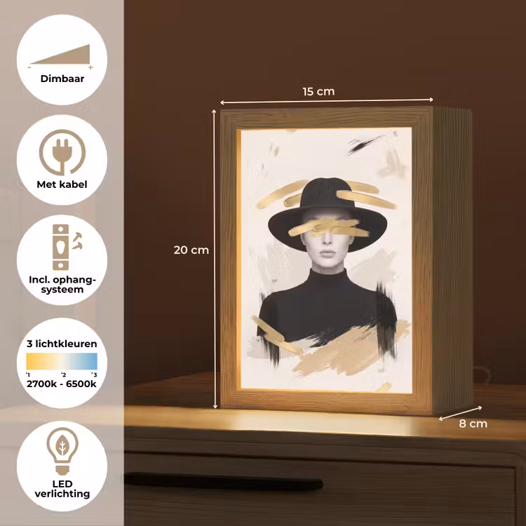 Vrouw - Portret - Modern - Goud - Kunst Light Box met kabel (Tafellamp) klein -USP_NL