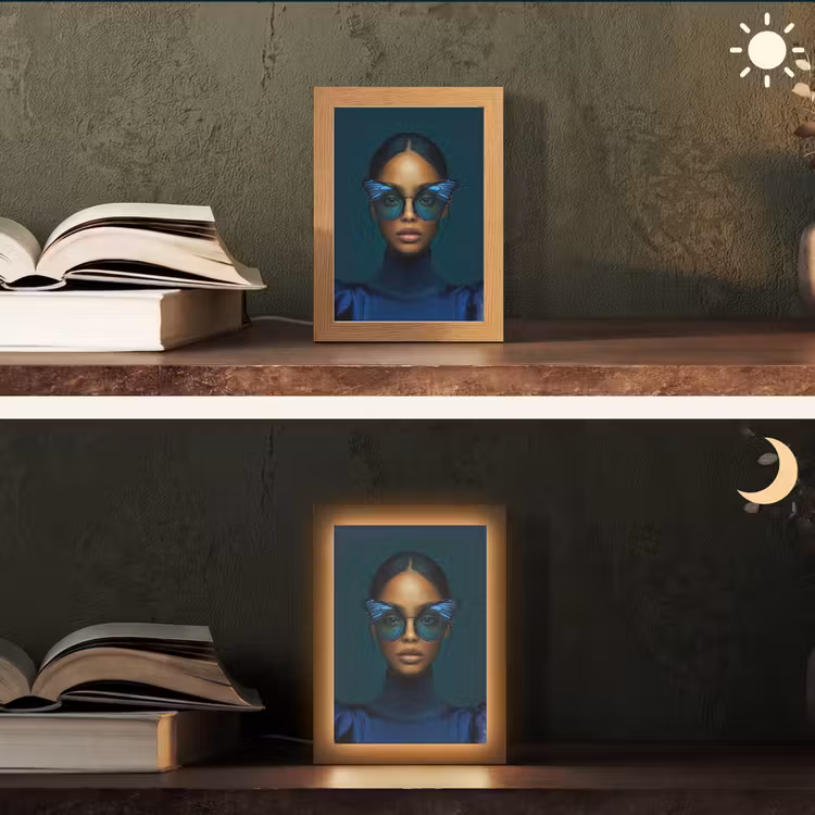 Vrouw - Vlinder - Bril - Blauw - Modern - Portret Light Box met kabel (Tafellamp) klein -sfeer3