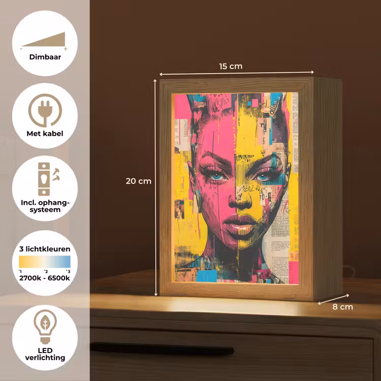 Vrouwengezicht - Krantenpapier - Abstract - Roze Light Box met kabel (Tafellamp) klein -USP_NL
