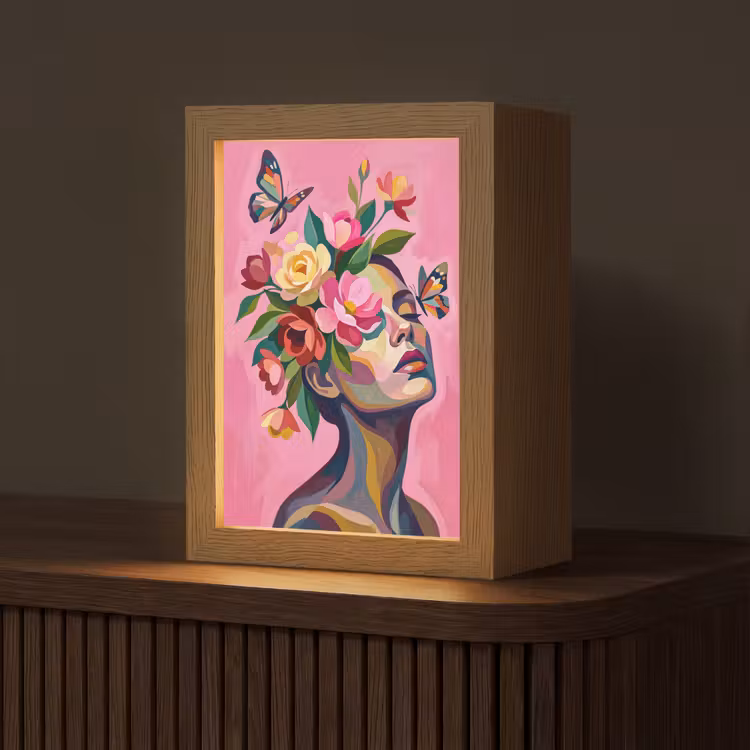 Vrouwengezicht - Vlinders - Kleurrijk Light Box met kabel (Tafellamp) klein -z3d_website