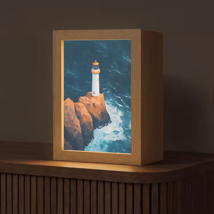 Vuurtoren - Rots - Zee - Golven Light Box met kabel (Tafellamp) klein -z3d_website