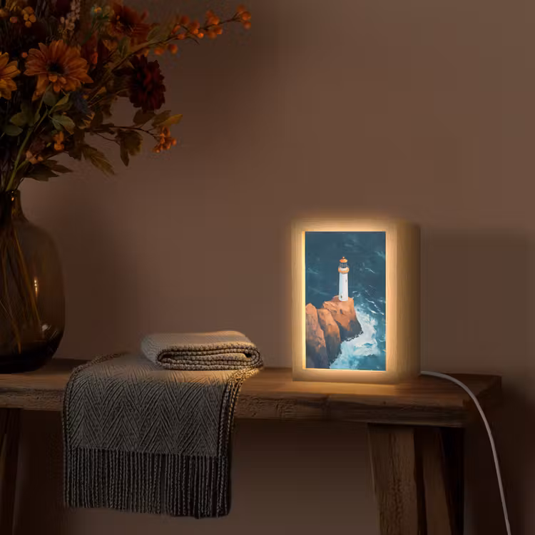 Vuurtoren - Rots - Zee - Golven Light Box met kabel (Tafellamp) klein -sfeer4