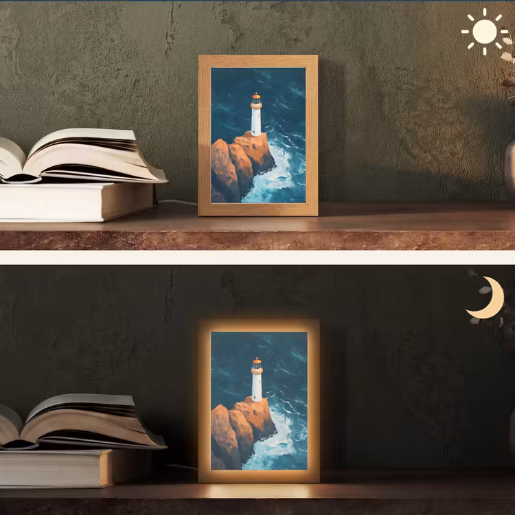 Vuurtoren - Rots - Zee - Golven Light Box met kabel (Tafellamp) klein -sfeer3