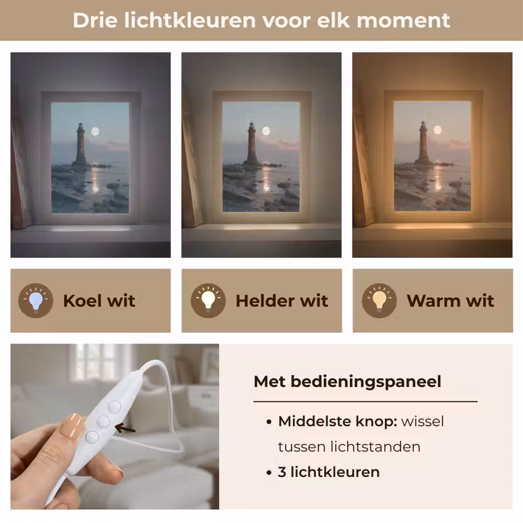 Vuurtoren - Stenen - Water - Maan Light Box met kabel (Tafellamp) klein -USP_lichtkleurNL