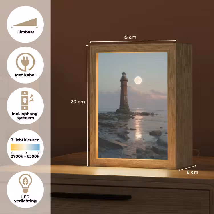 Vuurtoren - Stenen - Water - Maan Light Box met kabel (Tafellamp) klein -USP_NL